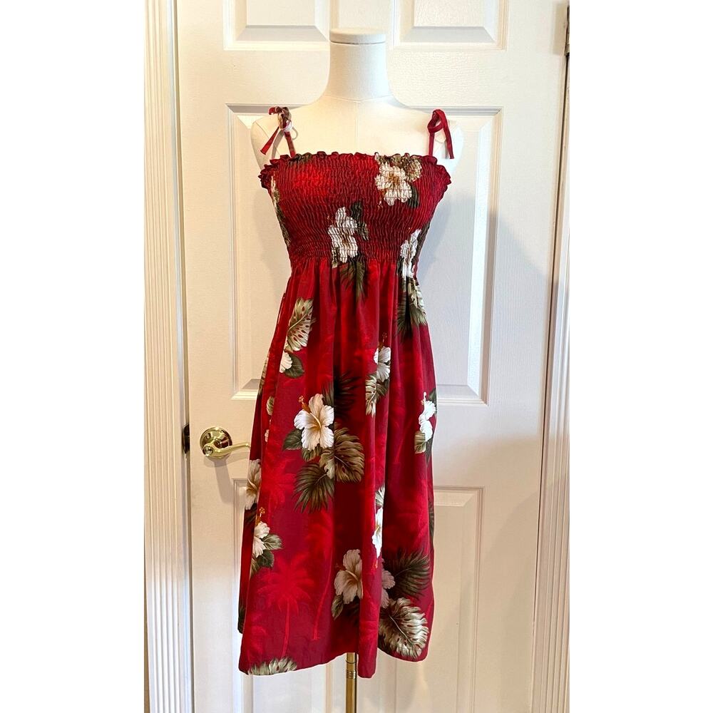Pacific Legend Hawaiian Tube Dress Red Tropical Hibiscus Floral Smocked One Size